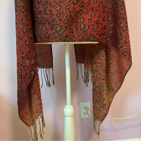 Pashmina Scarf Silk Blend Wrap Red Leopard Animal Print Fringe Shawl - Picture 3 of 10